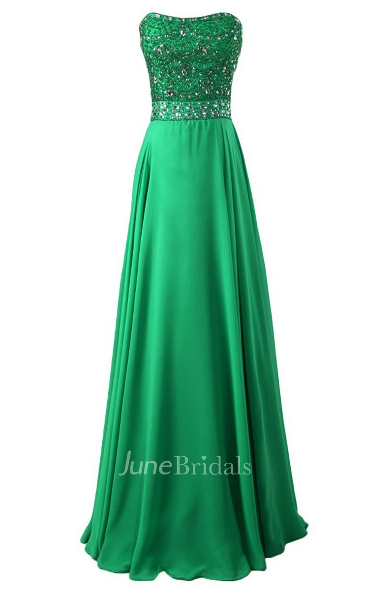Strapless Long Satin Dress With Beaded Bodice