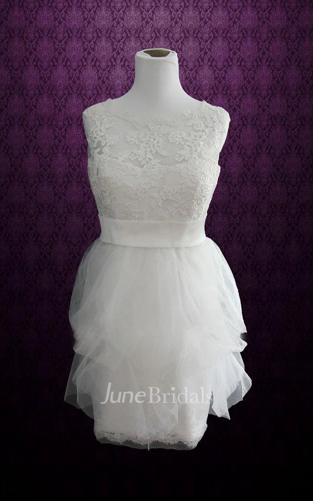 Sleeveless Sheath Short Tulle Wedding Dress With Sash And Jewel Neck