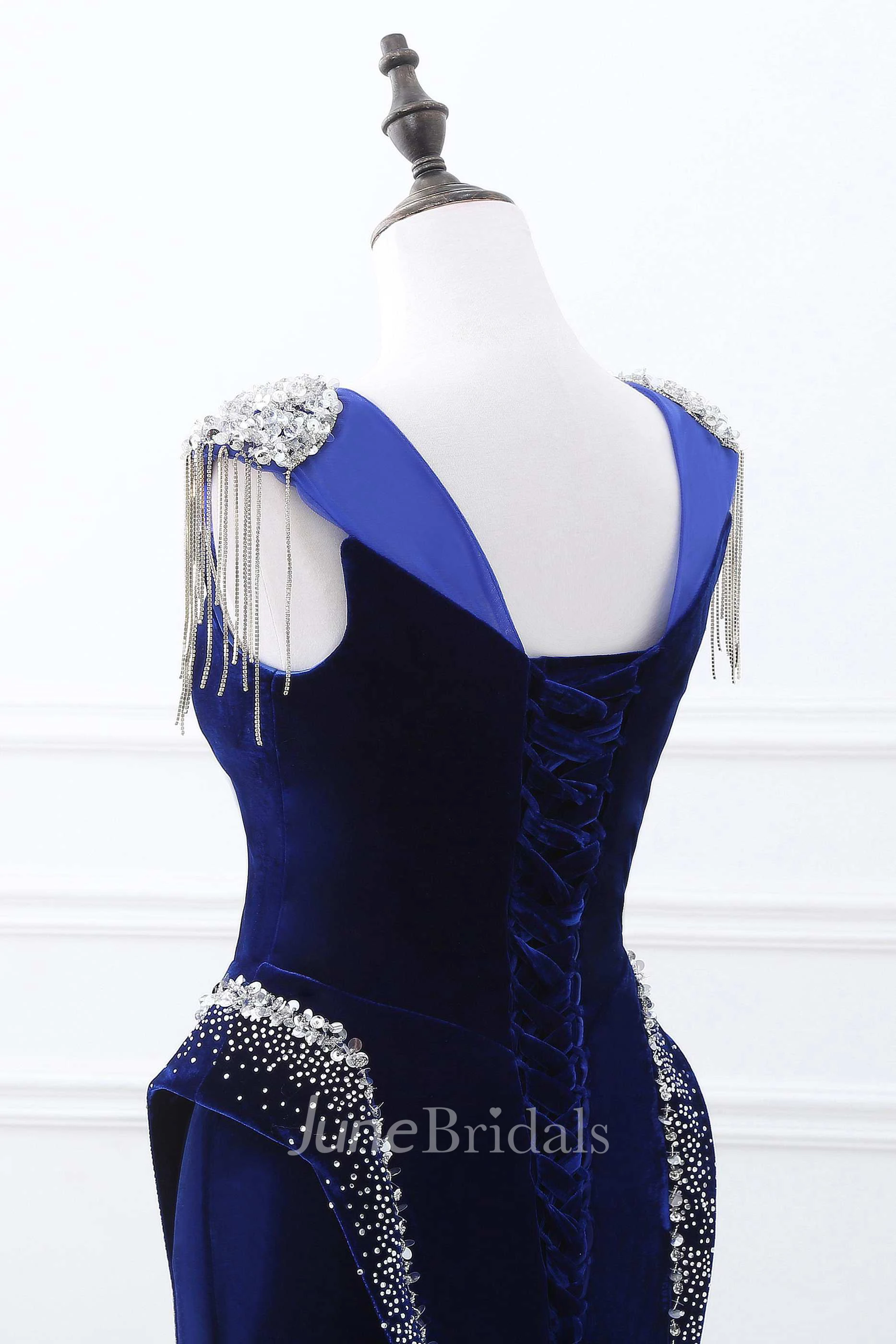 Tassel Cap Sleeve Bateau Neck Mermaid Velvet Gown