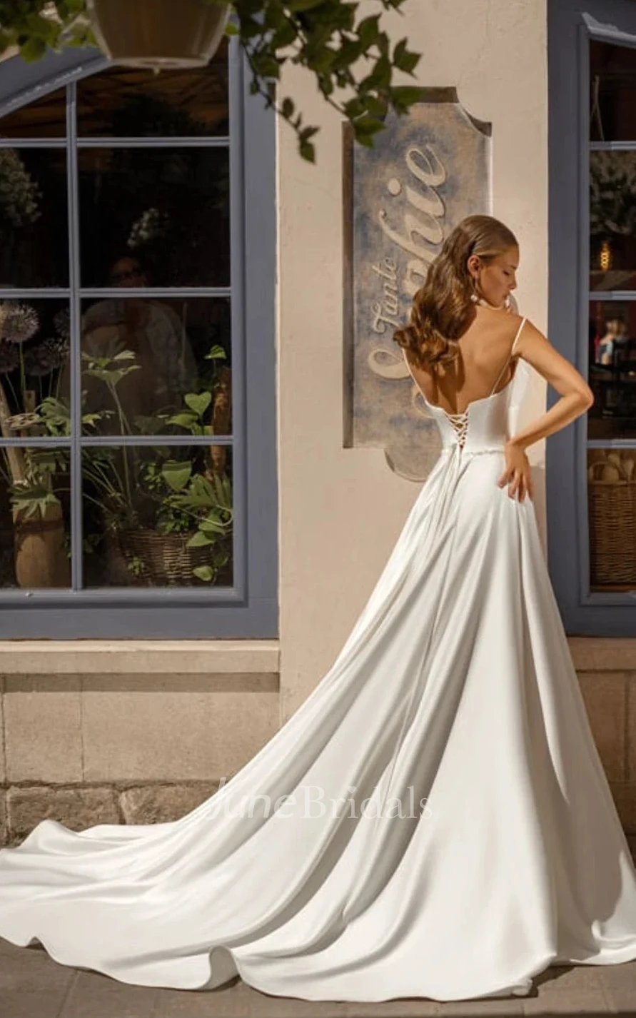 A-Line Spaghetti Satin Warm Wedding Dress Simple Casual Sexy Romantic Adorable Garden With Open Back And Sleevesless And Split Front