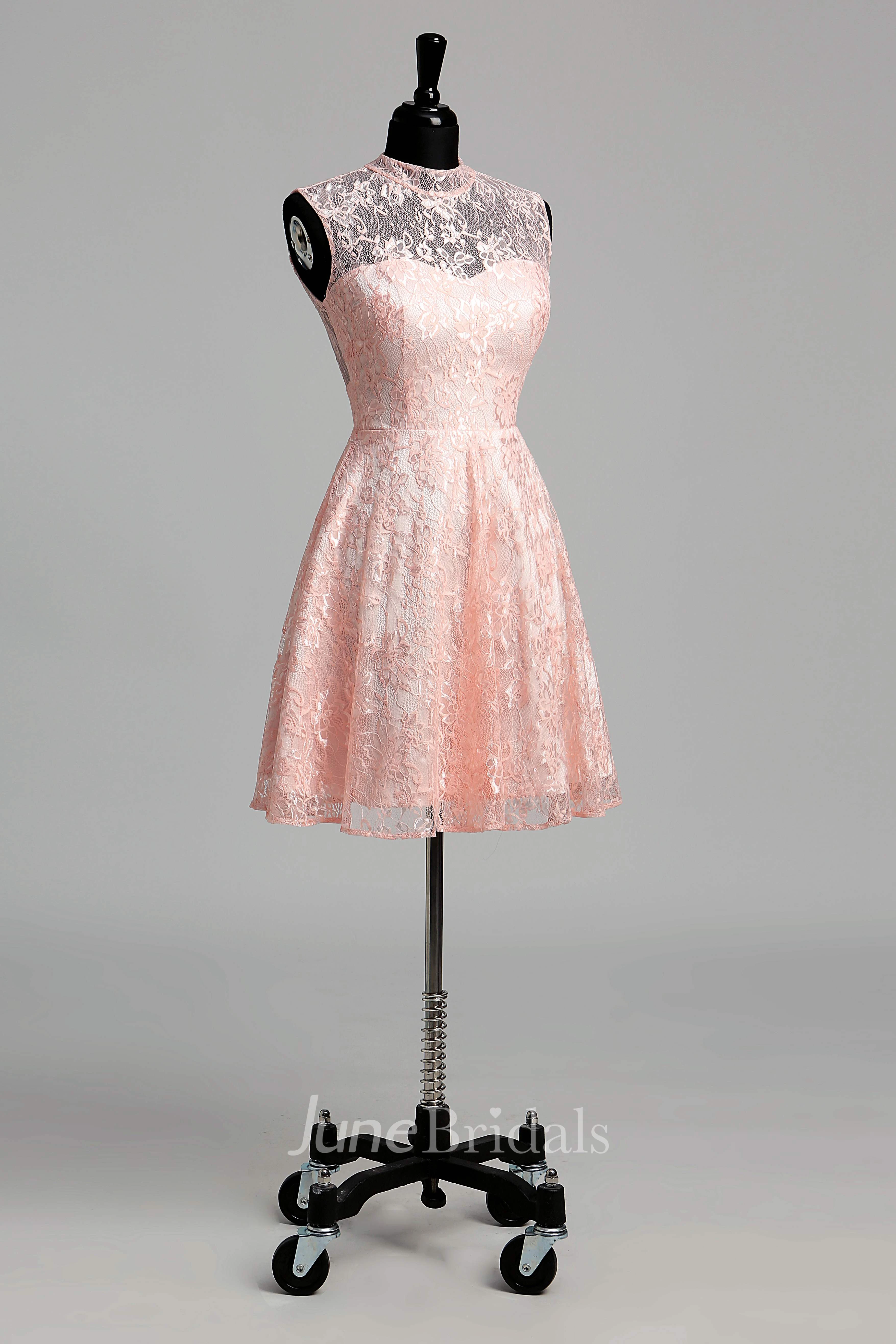 Short/Mini A-line High Neck Sleeveless Lace Dress with Illusion and Keyhole Back