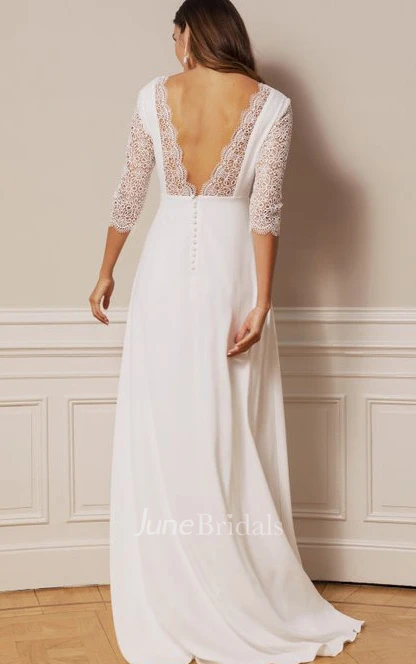 Bohemian Chiffon Lace V-neck A Line Floor-length Deep-V Back Wedding Dress