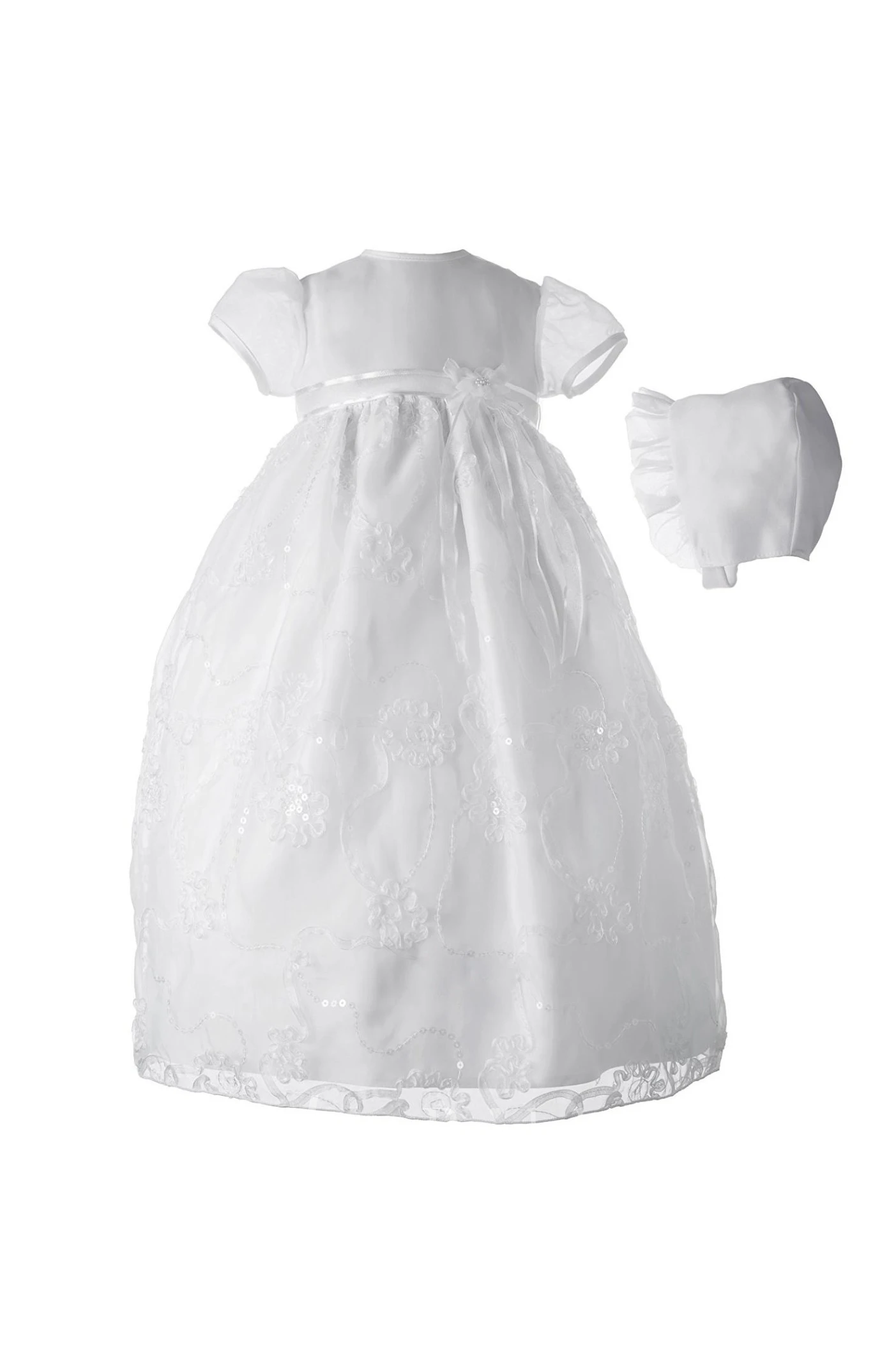 Simple Short Sleeve Christening Gown With Sash