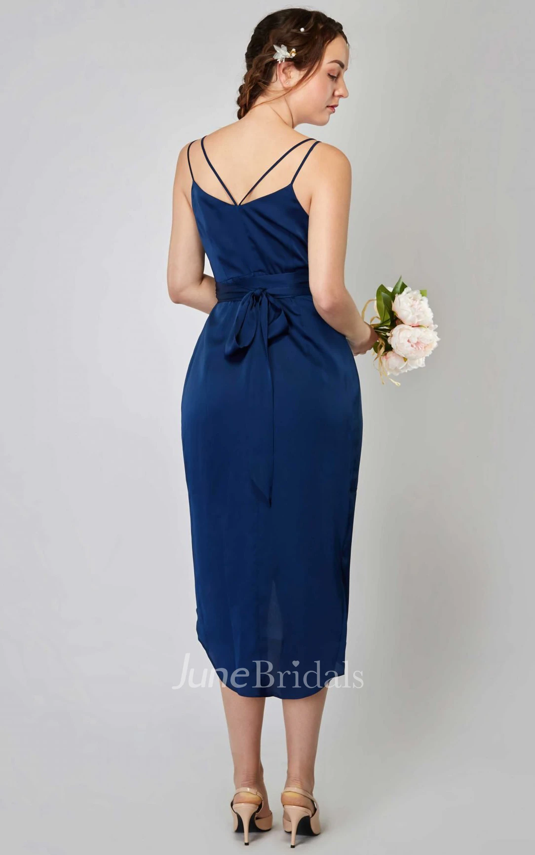 Informal Sexy Sheath Spaghetti Charmeuse Bridesmaid Dress With Open Back And Ruching