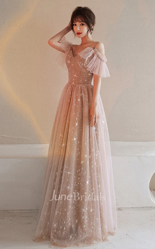 Romantic Tulle High Neck Off-the-shoulder V-neck A Line Evening Formal Dress With Ruching