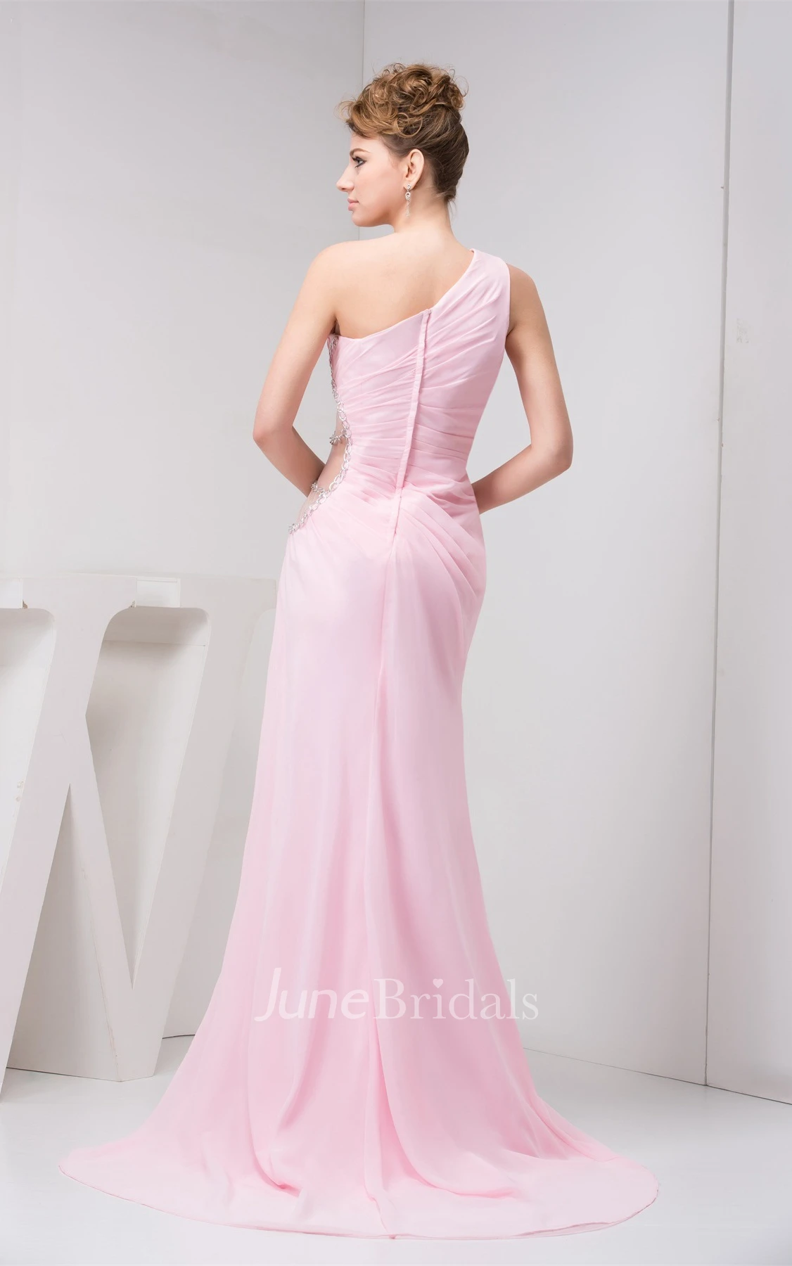 Blushing One-Shoulder Front-Split Dress with Keyhole and Brush Train