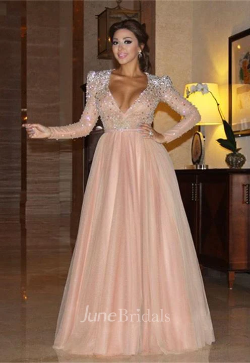 Glamorous Crystals A-line Evening Dress Long Sleeve Floor-length