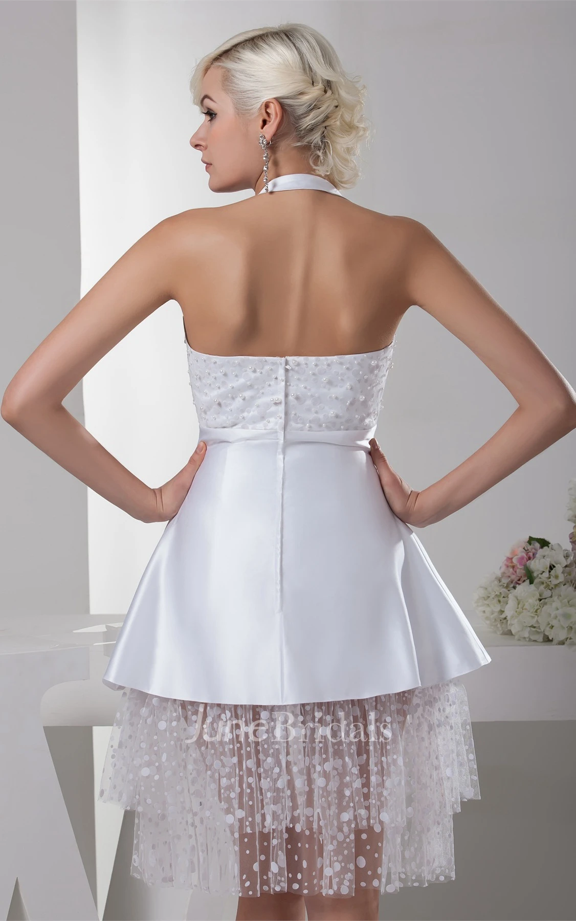 Haltered Satin Mini A-Line Dress with Bow and Stress