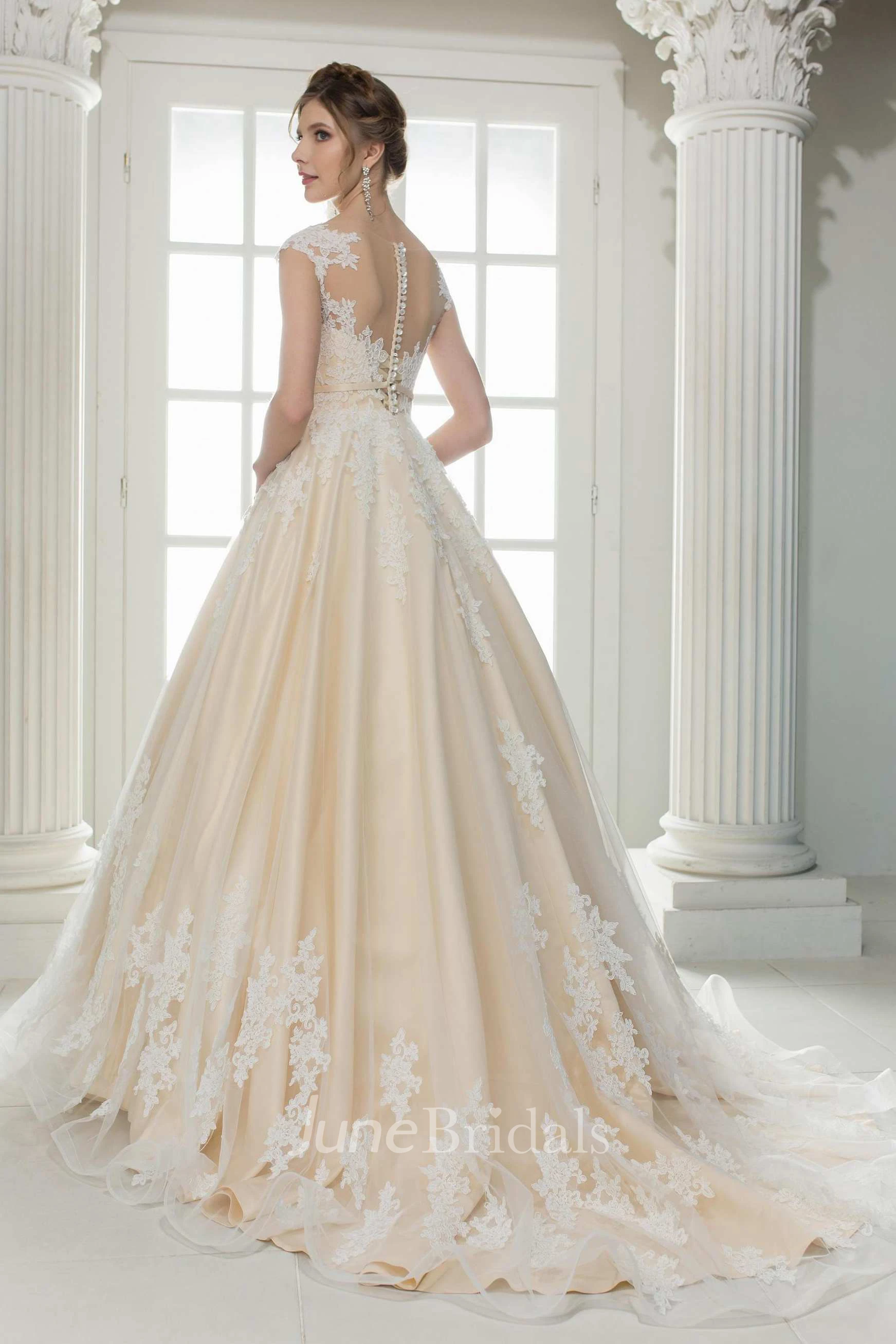 Cap-Sleeve A-Line Satin Ball Gown Wedding Dress With Appliques And Illusion