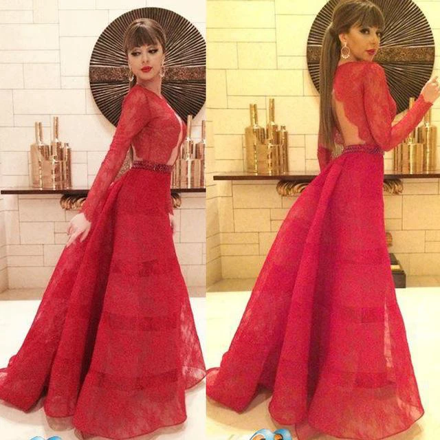 Modern Red Lace Long Sleeve Evening Dress A-line Sweep Train