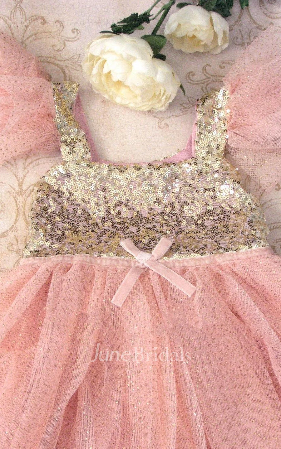 Cap Sleeve Beaded Bodice Tulle Dress With Flower