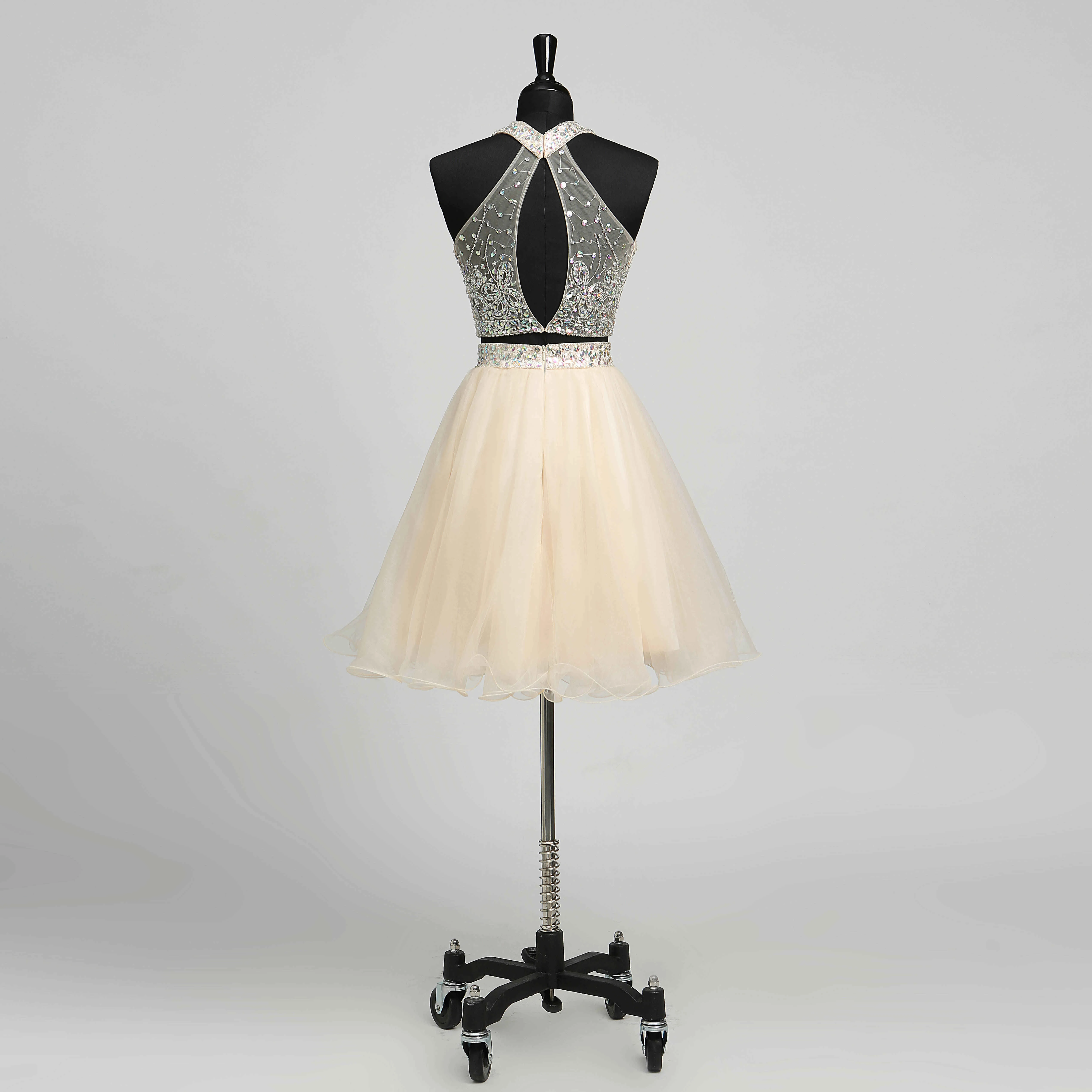 A-Line Halter Tulle Romantic Short Mini Sleeveless Keyhole Dress with Beading Sequins