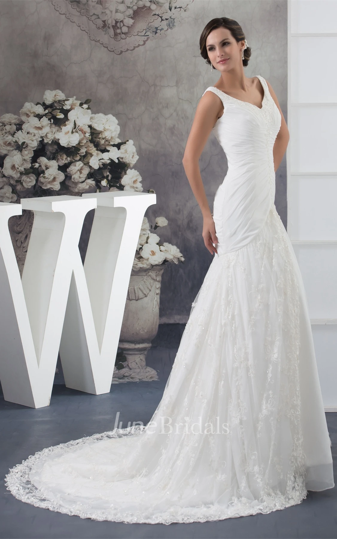 Strapped Column A-Line Dress with Appliques and Tulle Overlay