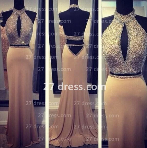 Stunning Backless Long Evening Dresses Halter Chiffon Beading Prom Gown