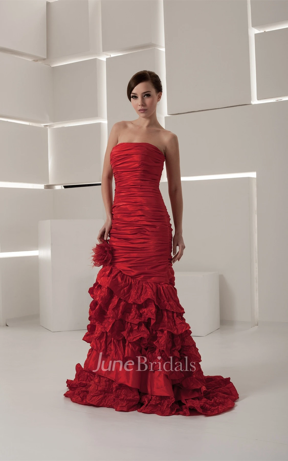 Strapless Column Tiered Dress with Flower and Ruched Bodice
