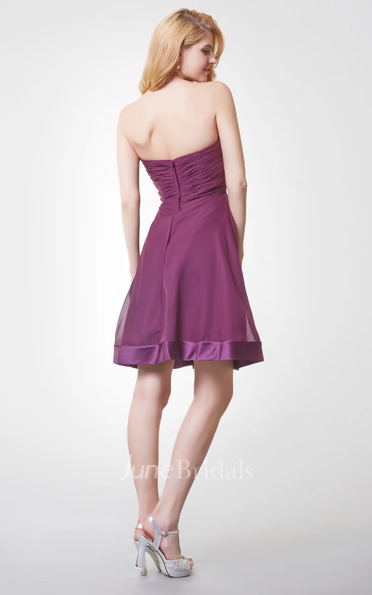 Strapless Pleated A-line Chiffon Dress With Flower Detailing