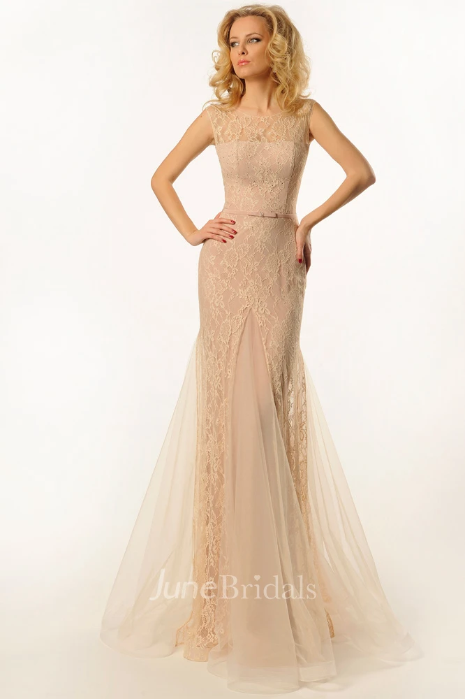 Sheath Scoop-Neck Sleeveless Long Tulle&Lace Prom Dress