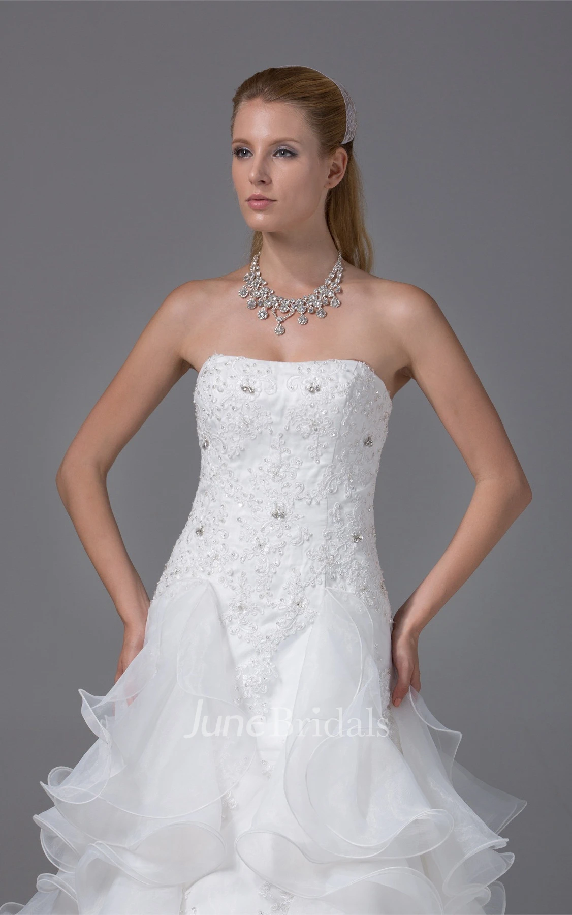 Ruffled A-Line Gown with Appliques and Crystal Detailing