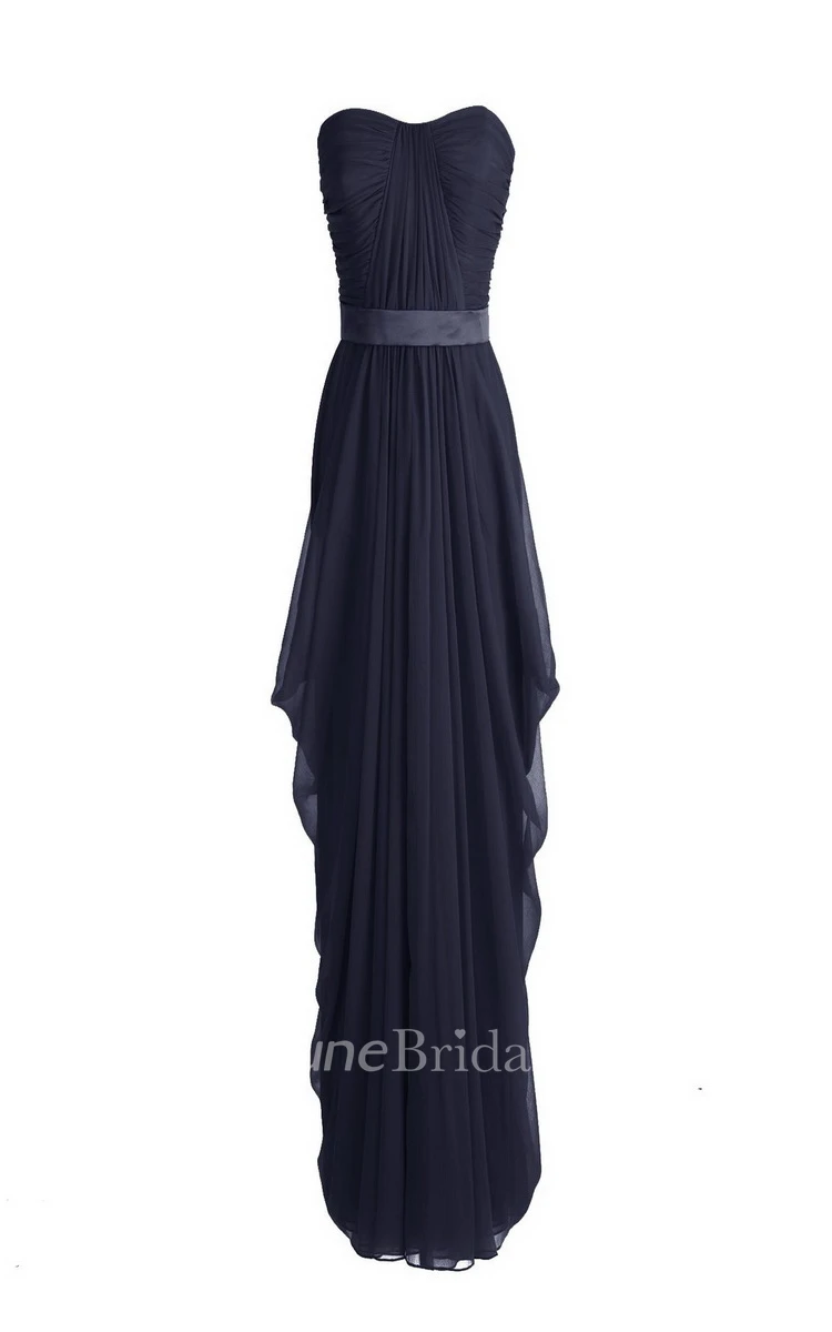 Strapless Asymmetrical Chiffon Gown With Pleats