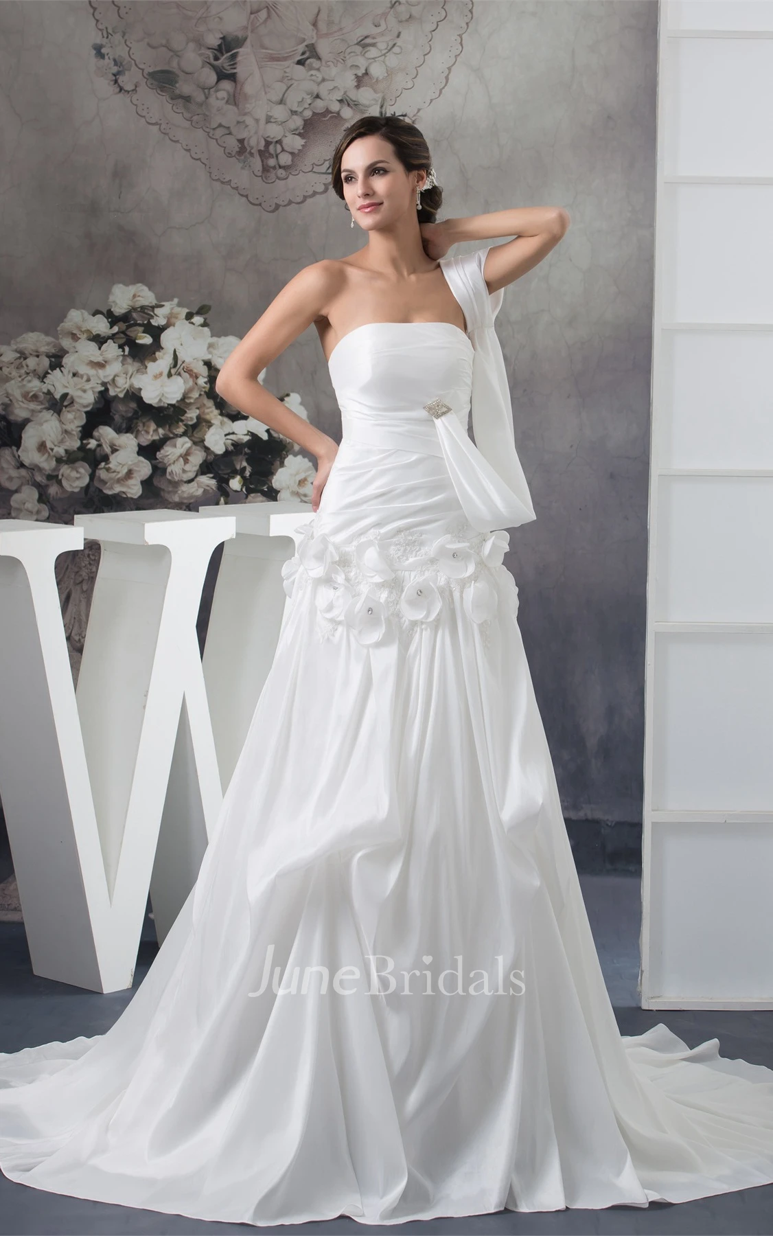 Strapless Pick-Up A-Line Gown with Flower and Broach