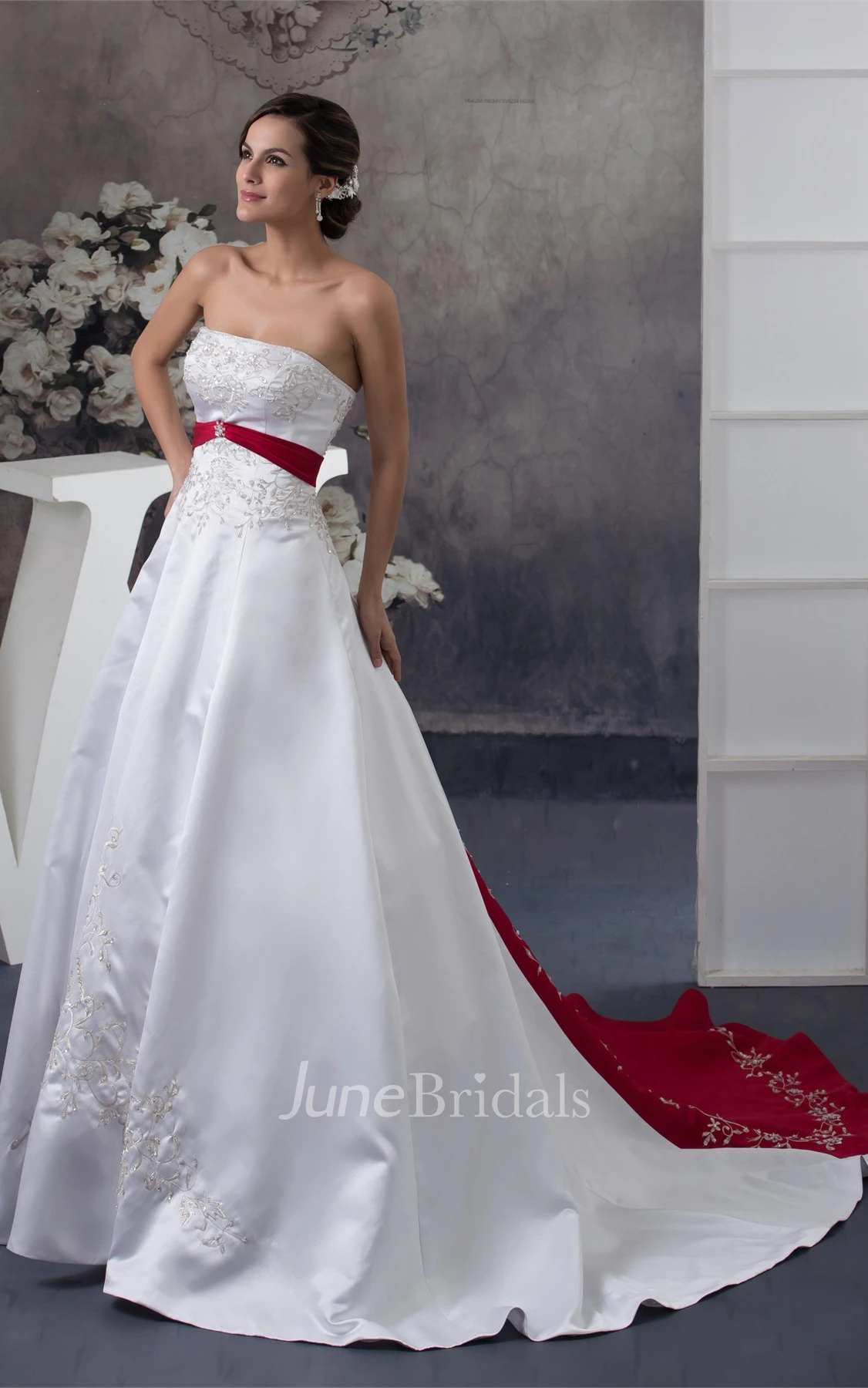 A-Line Satin Ball Gown with Embroideries and Broach