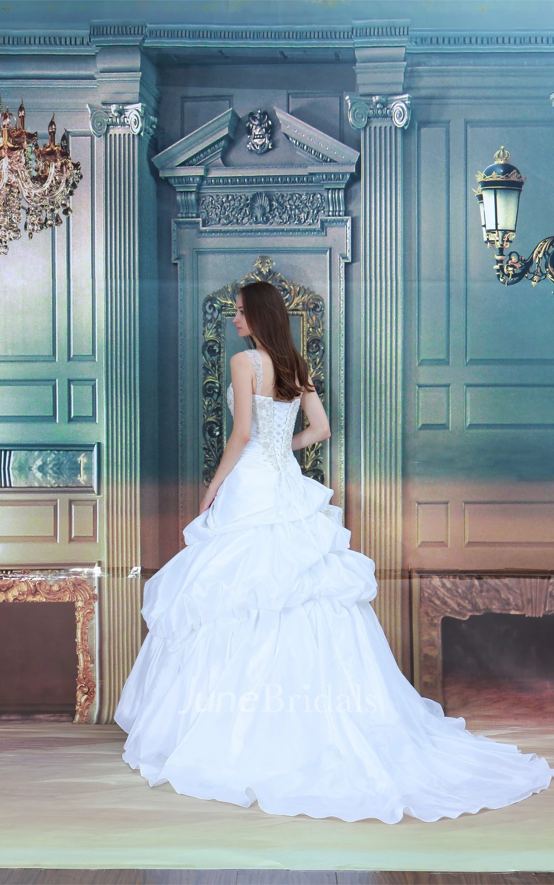 Noble Strapped Pick-Up Ball Gown with Appliques and Beading