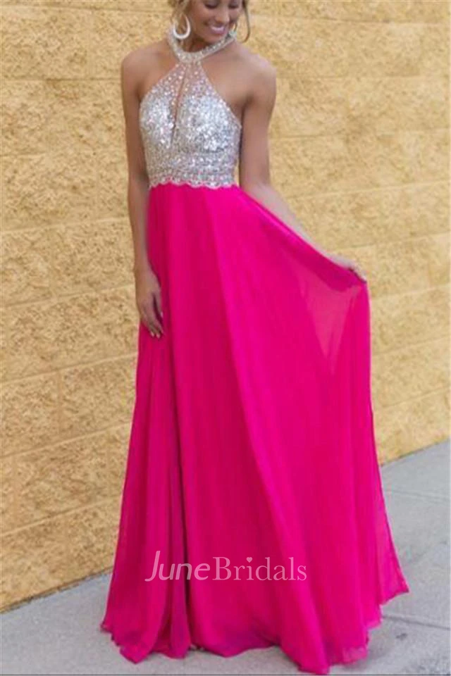 Modern Chiffon Halter Sequins Fuchsia Prom Dress Sleeveless Floor-length