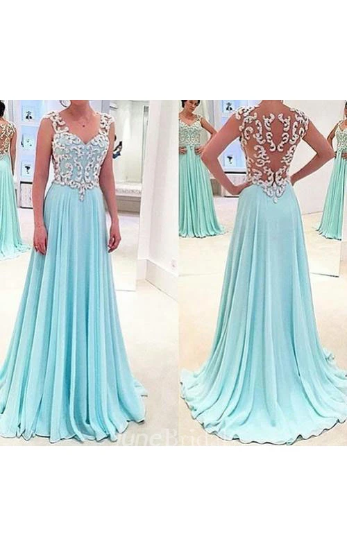 Cap-sleeved Sweep Train Pleated Long Chiffon Dress