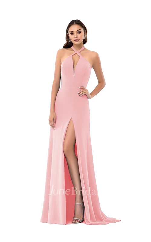 Modern Sheath Plunging Neck Satin Bridesmaid Dress with Split Front