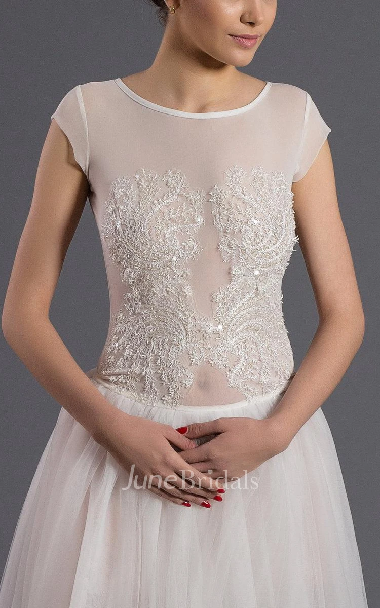 Scoop Neck Cap Sleeve A-Line Tulle Wedding Dress With Appliques