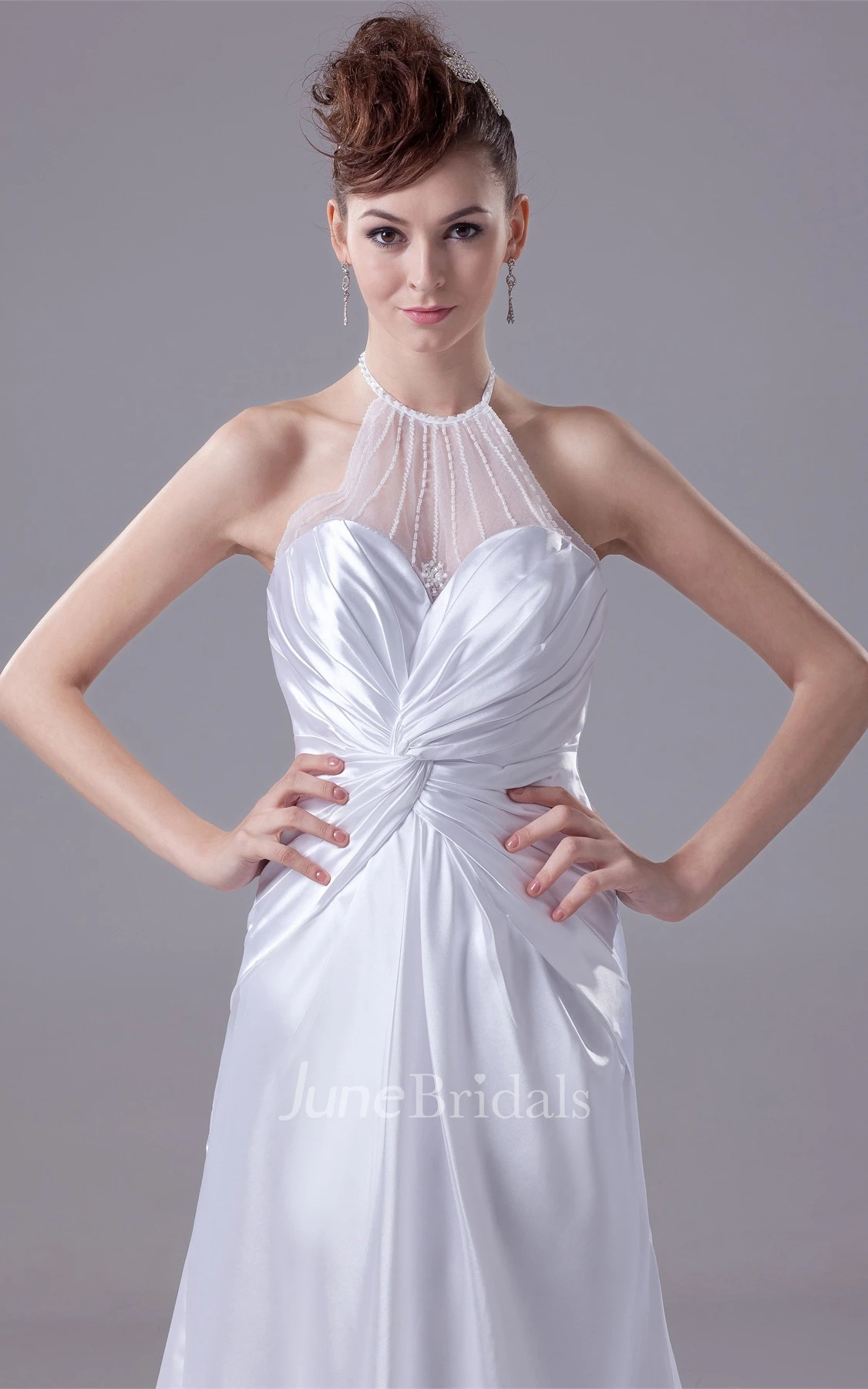 High-Neck Illusion Sweetheart A-Line Satin Gown with Court Train