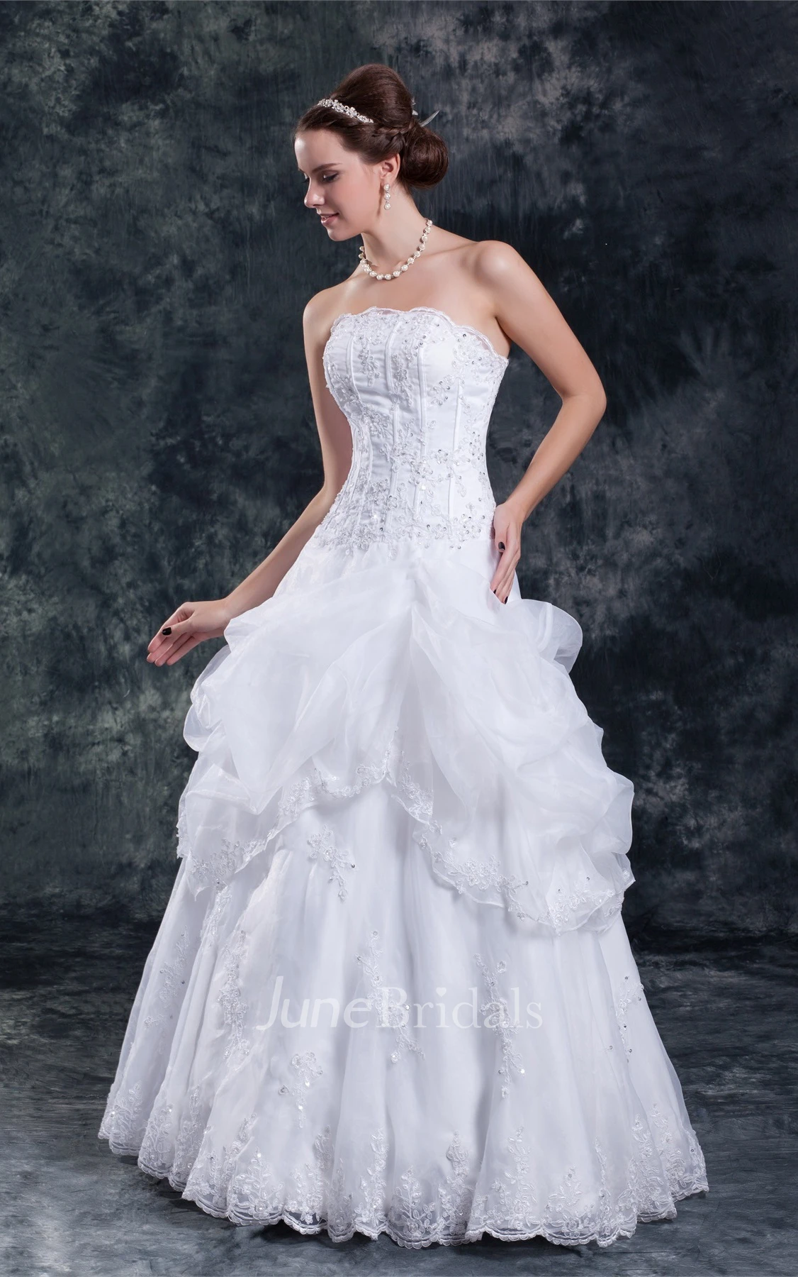 strapless a-line lace gown with beading and ruffles