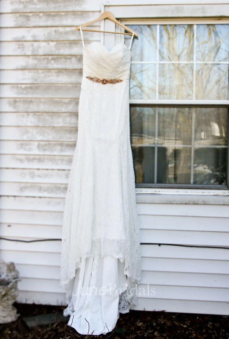 Strapless Sweetheart Neckline Laced Up Trumpet Lace Wedding Dress With Silver Rhinestone Sash