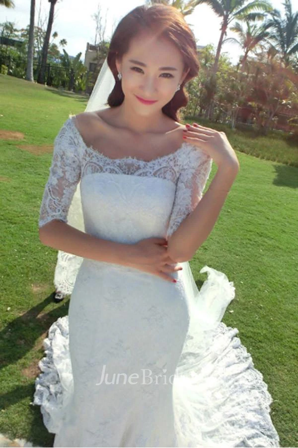 Off-the-shoulder Half Sleeve Mermaid Brush Train Lace Ivory Wedding Dress