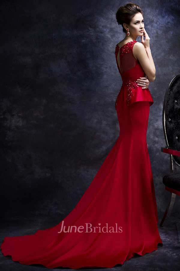 Sleeveless Peplum Mermaid Satin Gown With Lace Detailing 