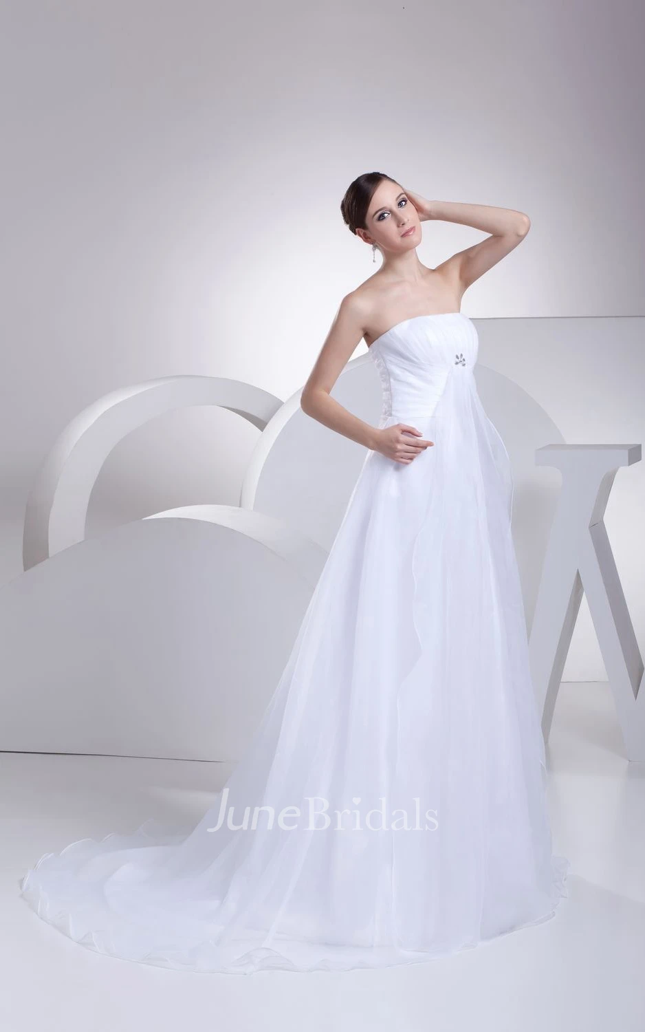 Intricate Strapless Tulle A-Line Dress With Ruching and Broach