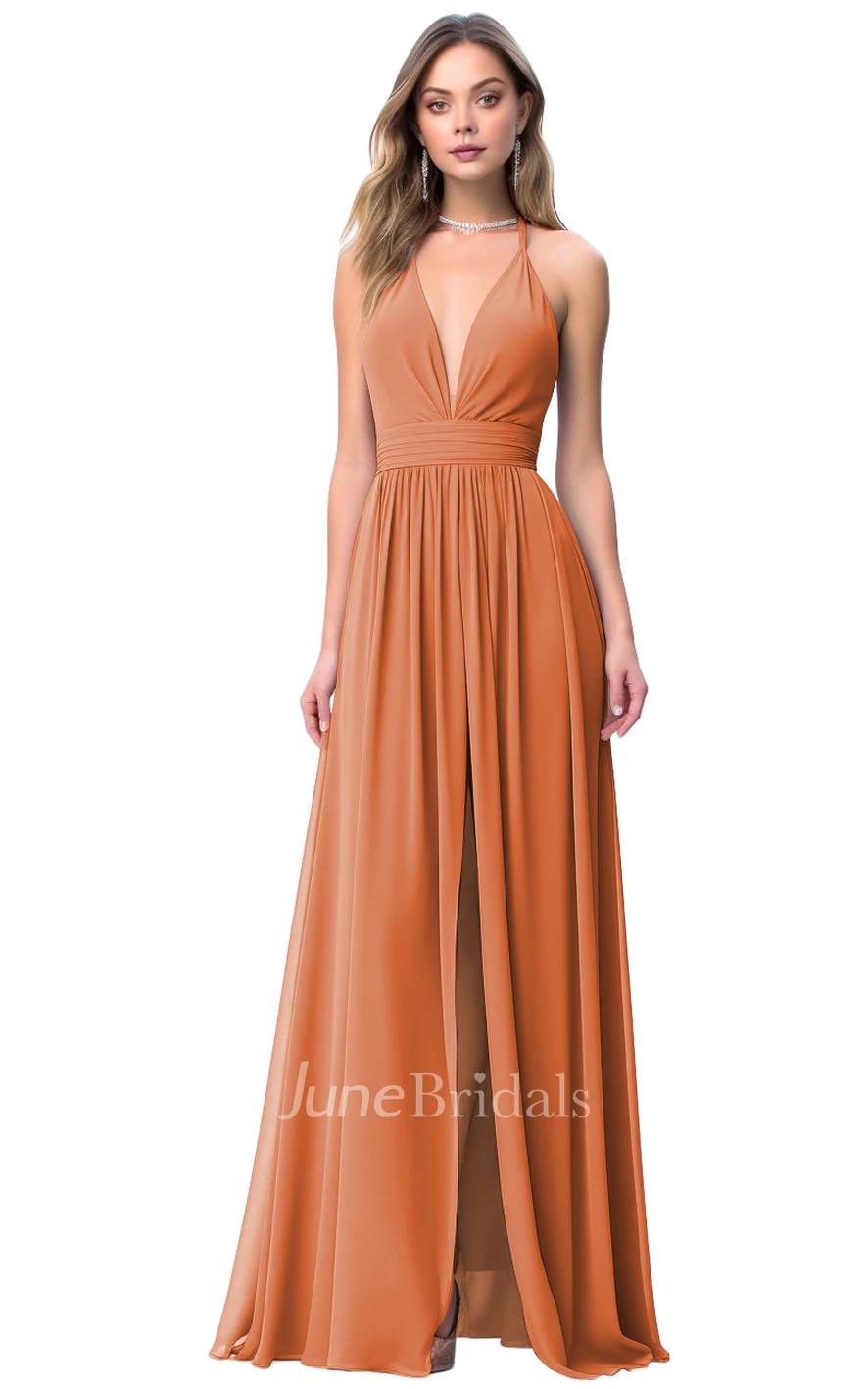 Gorgeous A-Line Plunging Neck Bridesmaid Dress with Split Front