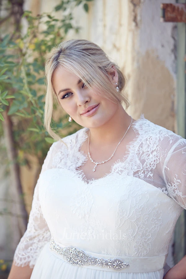 Jeweled Half-Sleeve V-Neck Chiffon Plus Size Wedding Dress With Pleats