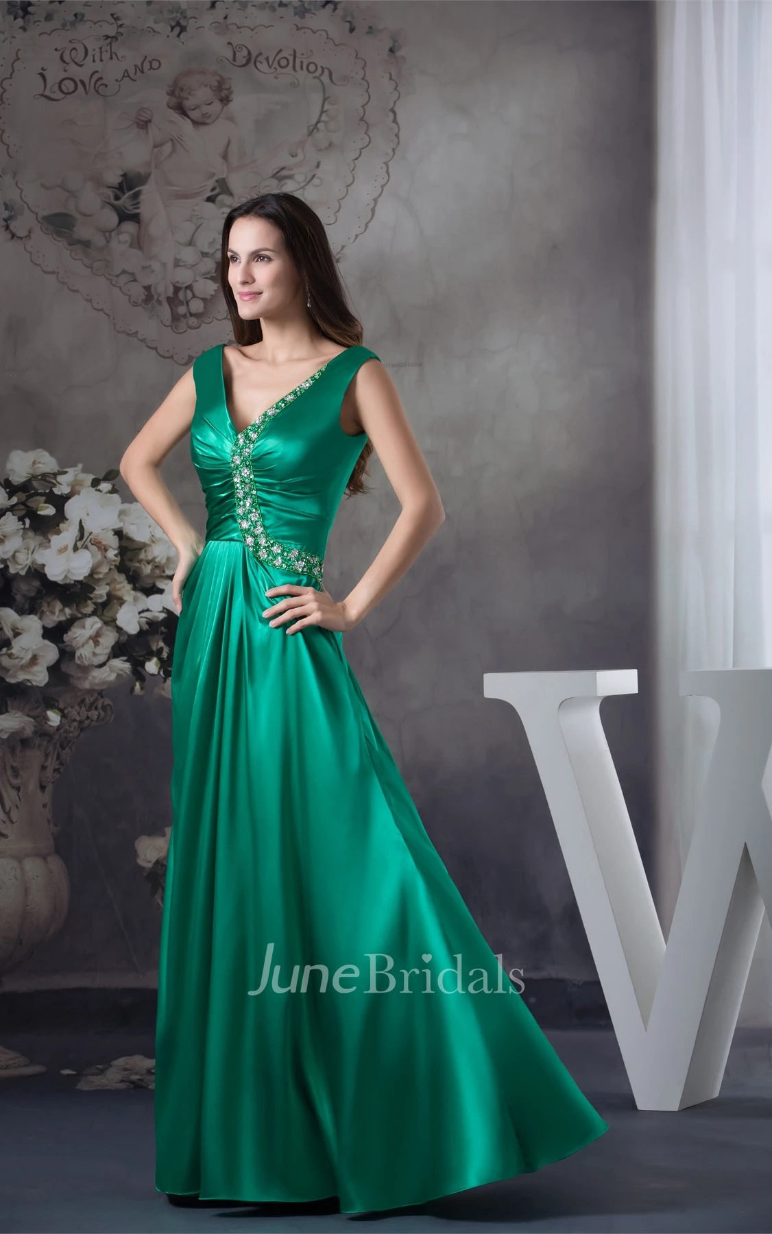 Plunged Sleeveless Sheath Dress with Pleats and Stress