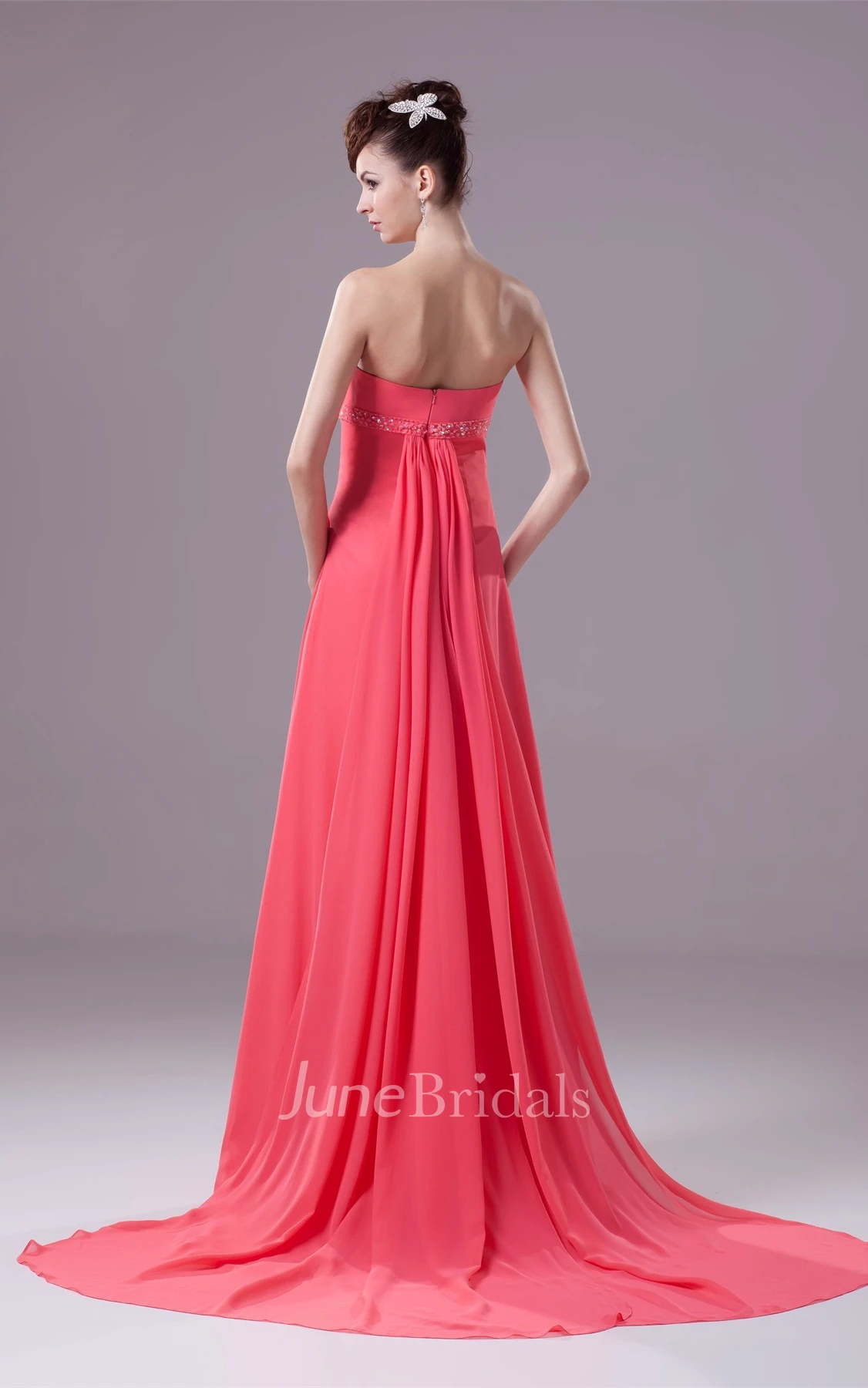 Strapless Central-Ruched Chiffon Maxi Dress with Beading and Empire Waist