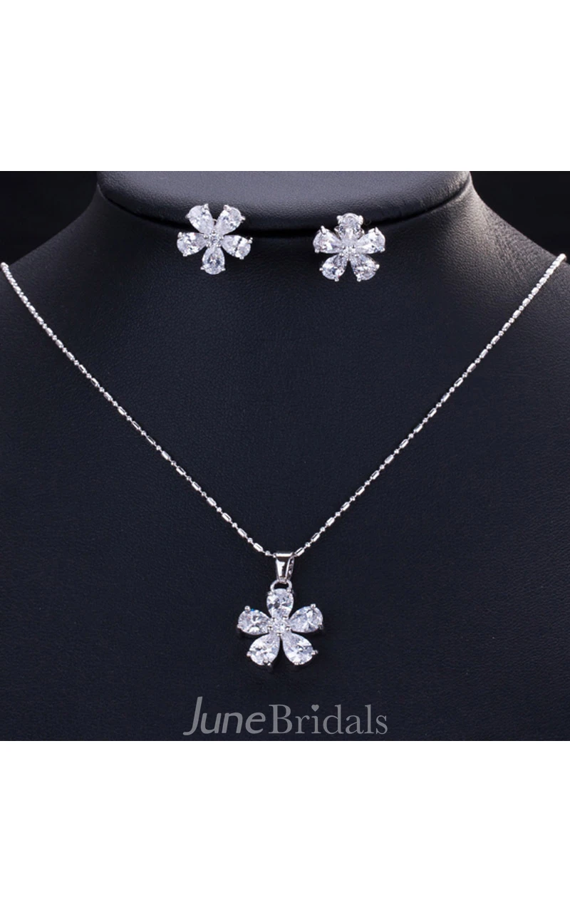 Multiple Color Flower Shaped Rhinestone Necklace and Earrings Jewelry Set