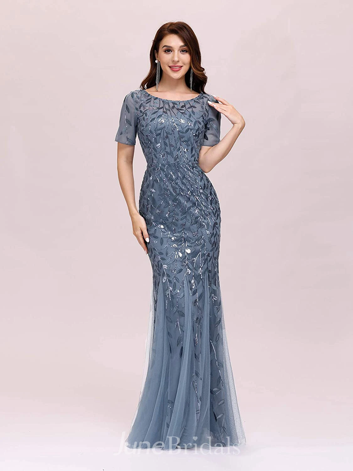 Vintage Mermaid/Trumpet Jewel Short Sleeve Prom Formal Dress with Pleats and Sequins