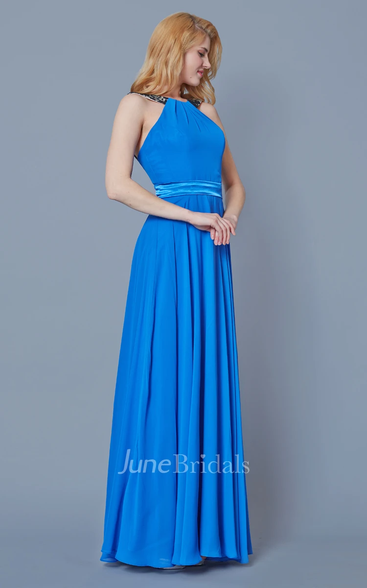 Sleeveless Long Chiffon Dress With Open Back and Lace Straps