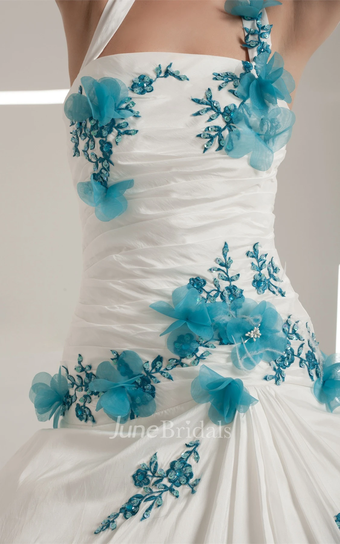 Haltered A-Line Appliqued Gown with Flower and Ruching