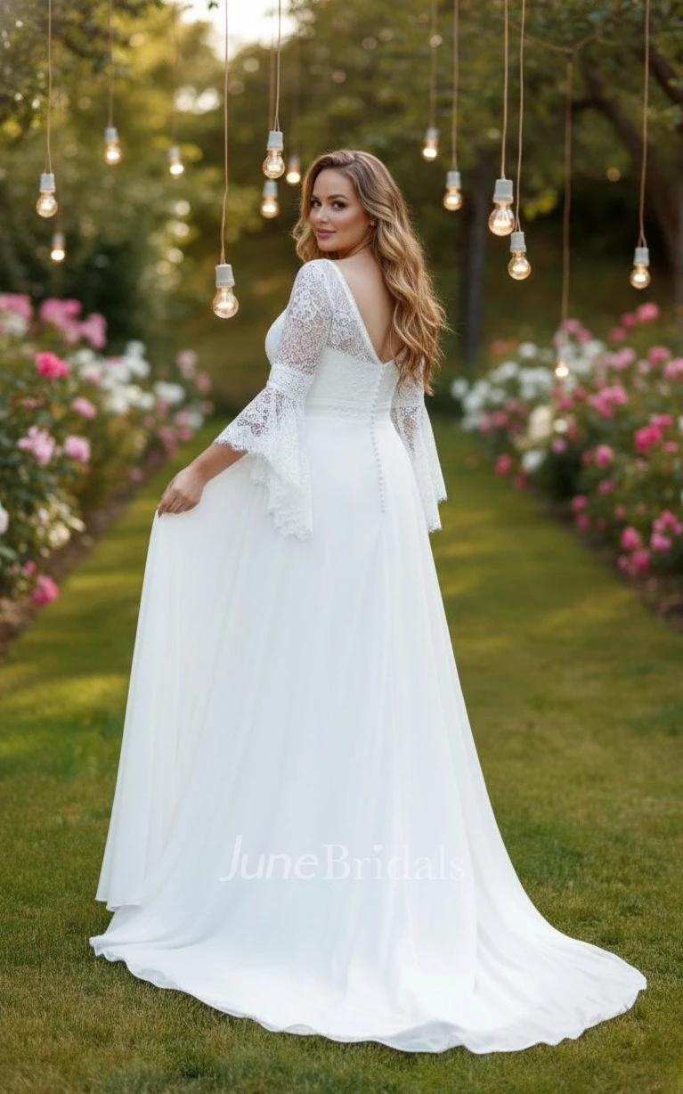 Bohemian Lace Bell Sleeve Plus Size Spring Wedding Dress Elegant A Line Flowy Chiffon Deep V-Neck Bridal Gown