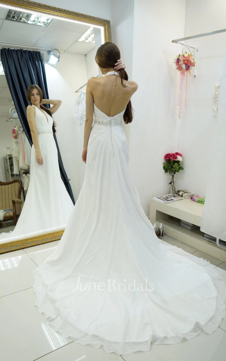 Strapped Chiffon Weddig Dress With Beading