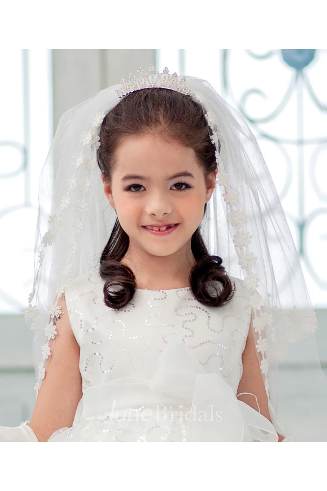 Princess Crown Flower Applique Tulle Flower Girl Veil Accessories