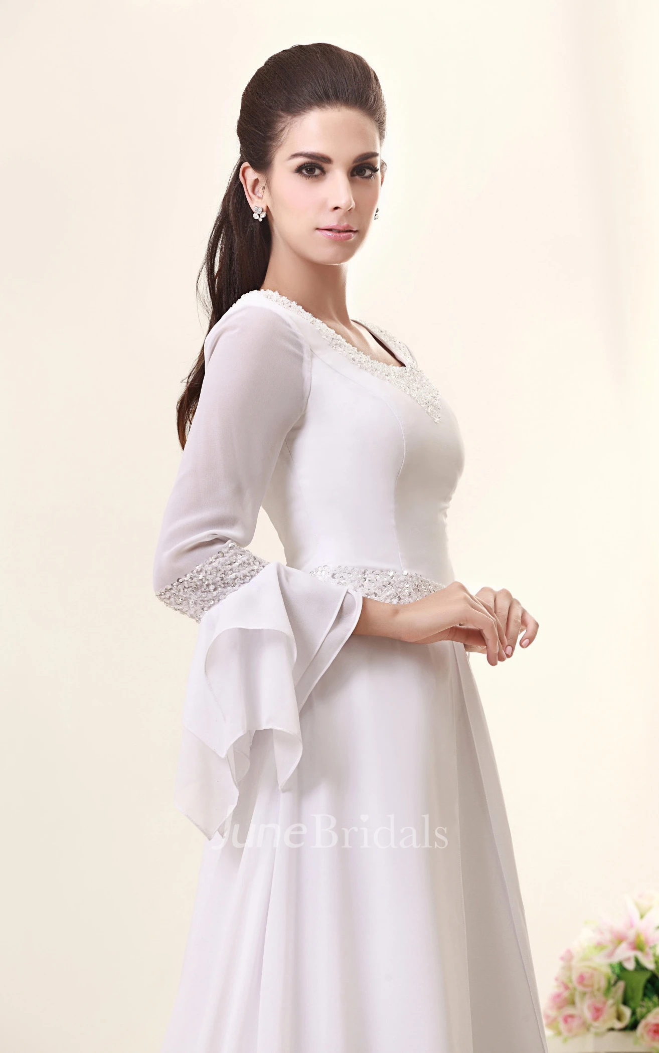 Elegant Long-Sleeve Maxi Dress With Crystal Detailing and Court Train