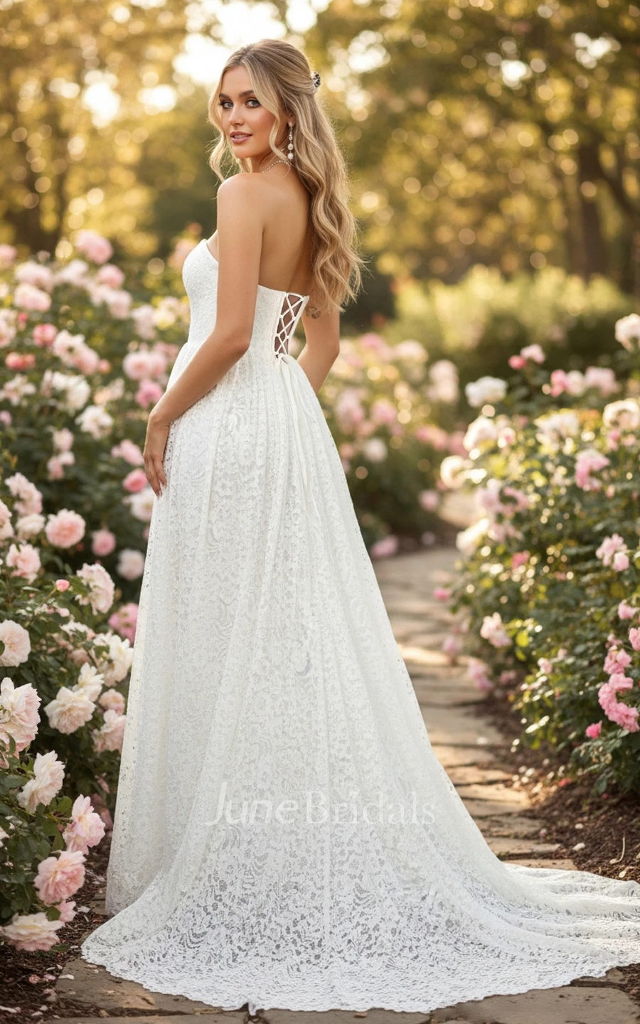 Simple A Line Lace Boho Wedding Dress Sleeveless Sweetheart Corset Bridal Gown