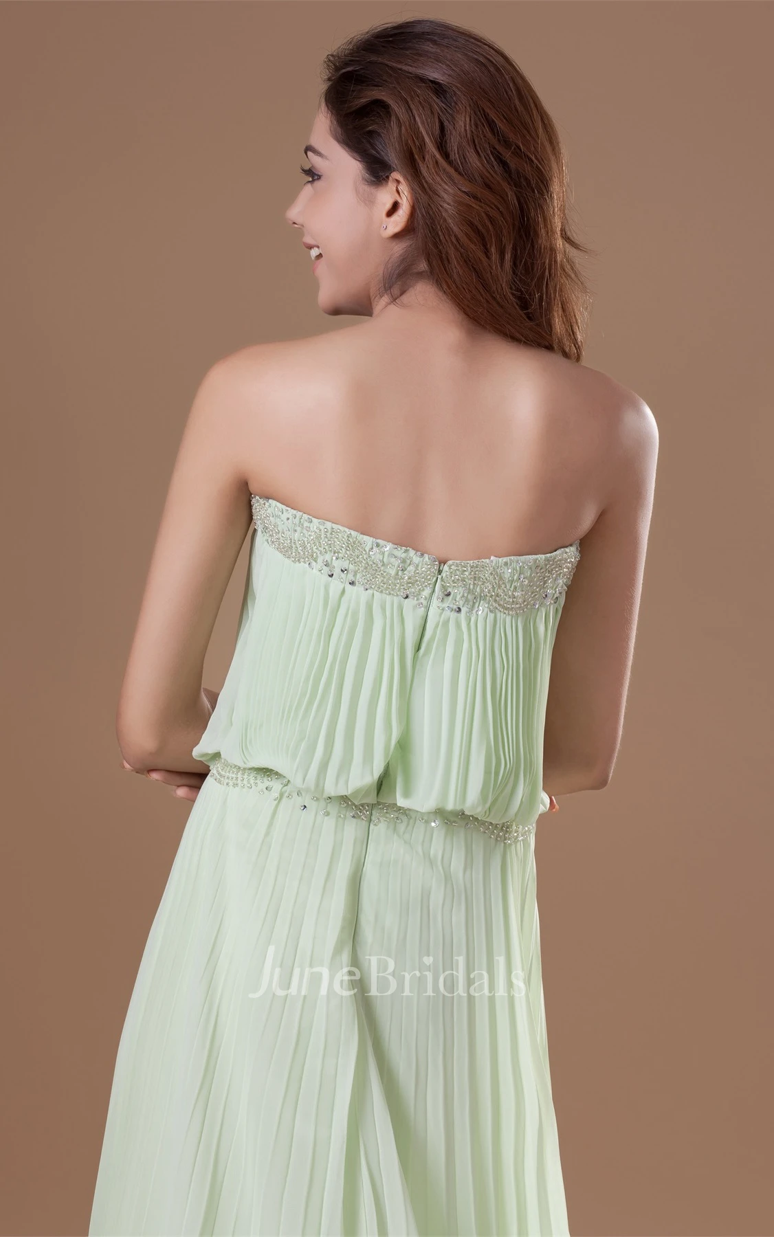 strapless a-line long pleated dress with sweep train and beading